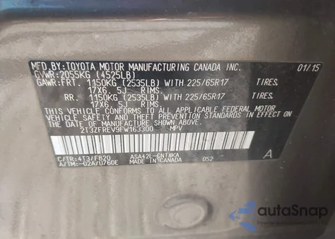 2015 Toyota Rav4 Le from USA, damaged, VIN 2T3ZFREV9FW163300